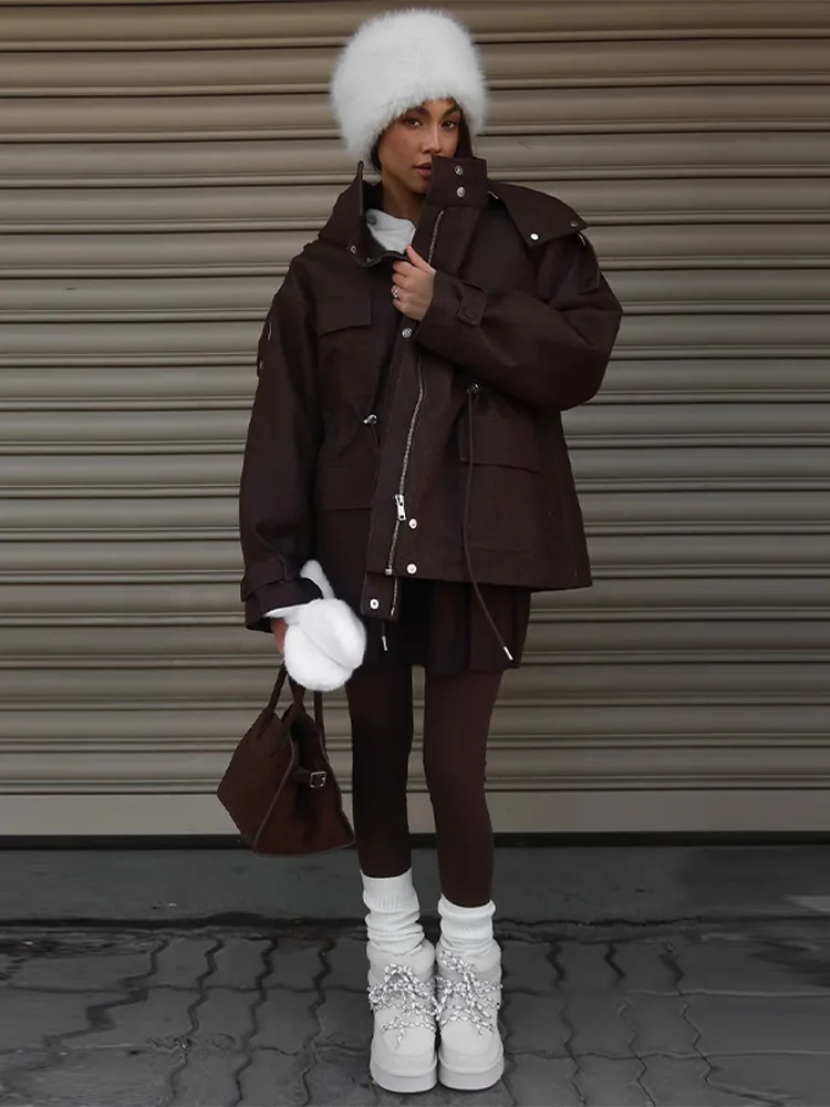 Kapuzenjacke mit Mehreren Taschen und Kordelzug für Damen, Streetwear-Stil mit Stehkragen, Epauletten, Langen Ärmeln, Locker Geschnittene Mäntel, Schicke Damen-Oberbekleidung – Detail 18