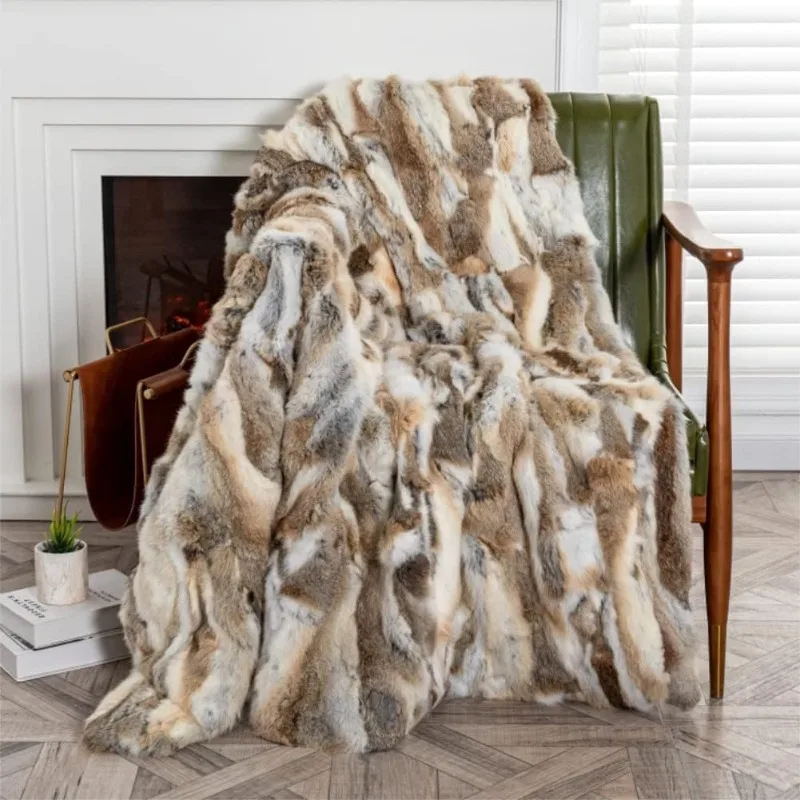 

Natural Real Rabbit Fur Blanket, Luxurious Fluffy Soft Cozy Plush, Thick and Warm Blanket for Sofa, Couch and Bed