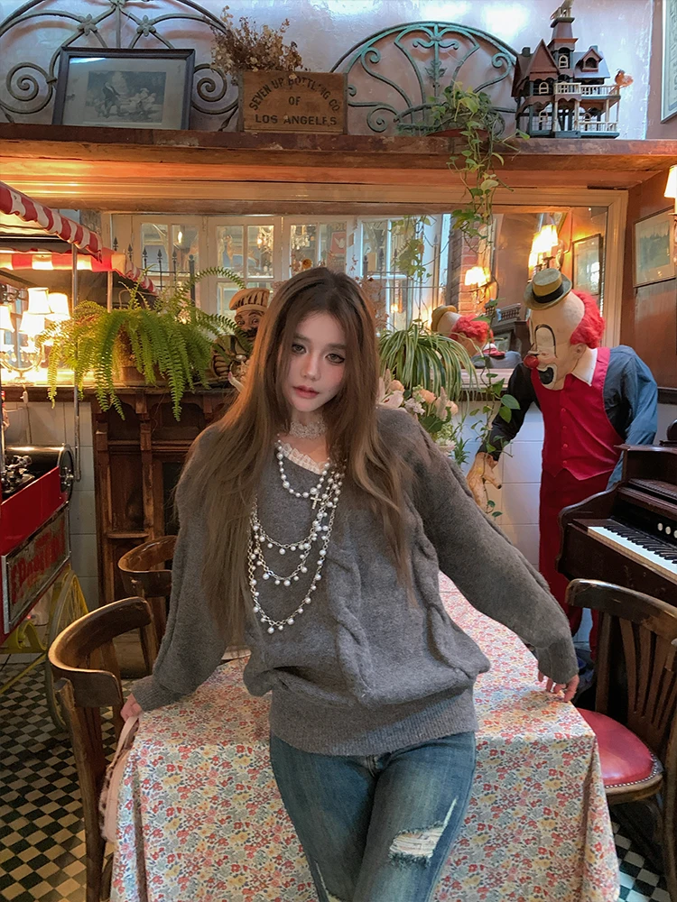 

Женский модный вязаный свитер Forlions белого цвета с кружевной отделкой, V-образным вырезом и льняным узором