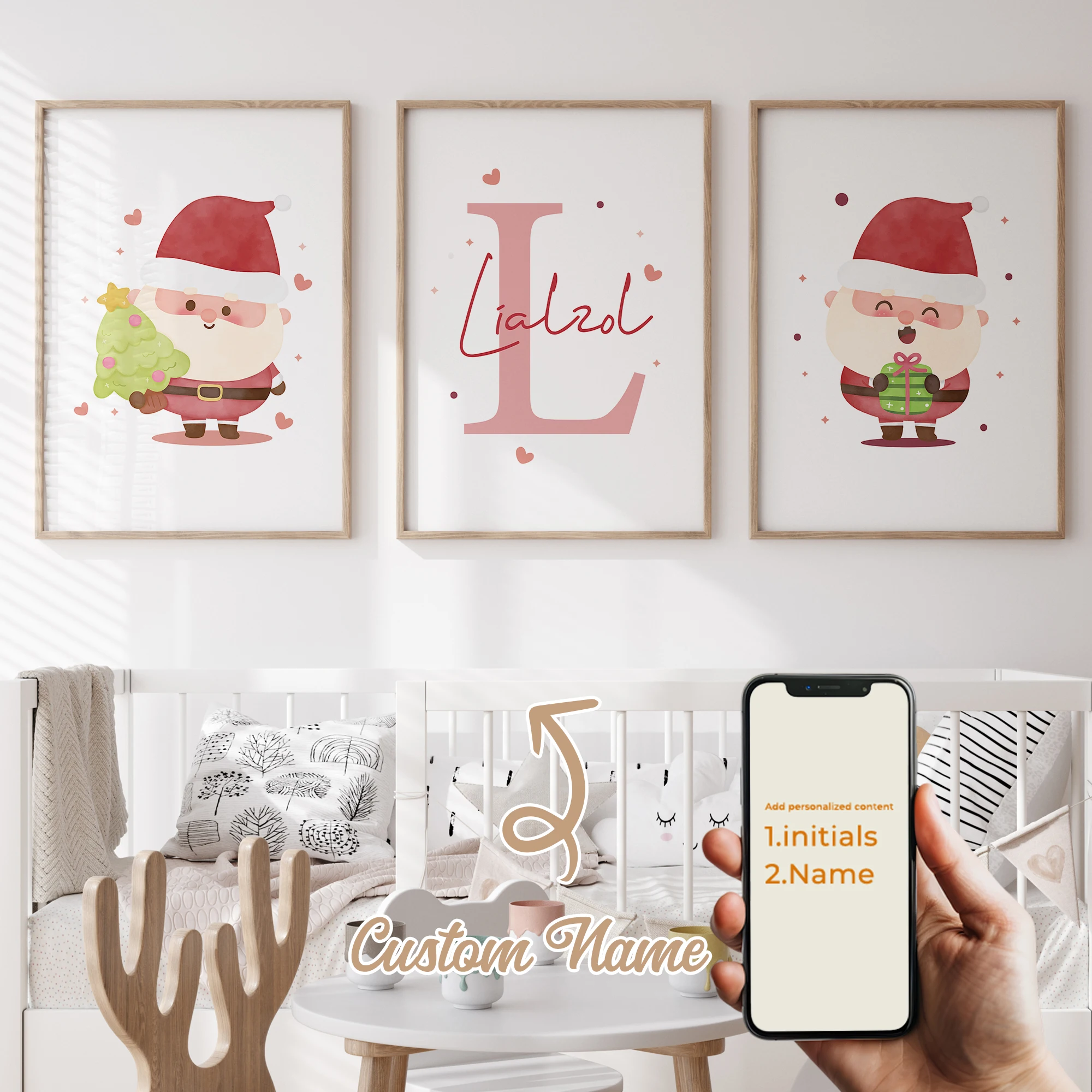 

3pcs Personalized Custom Name Cartoon Santa Claus Wall Art Print Picture Canvas Poster Painting For Living Room Home Decor