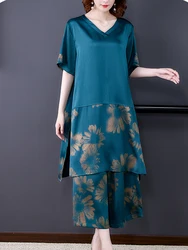 2024 Blue Short Sleeve V-Neck Loose Waist Dress+wide Leg Pants Two Piece Sets Women Summer Chic Luxury Elegant Floral Dress Sets