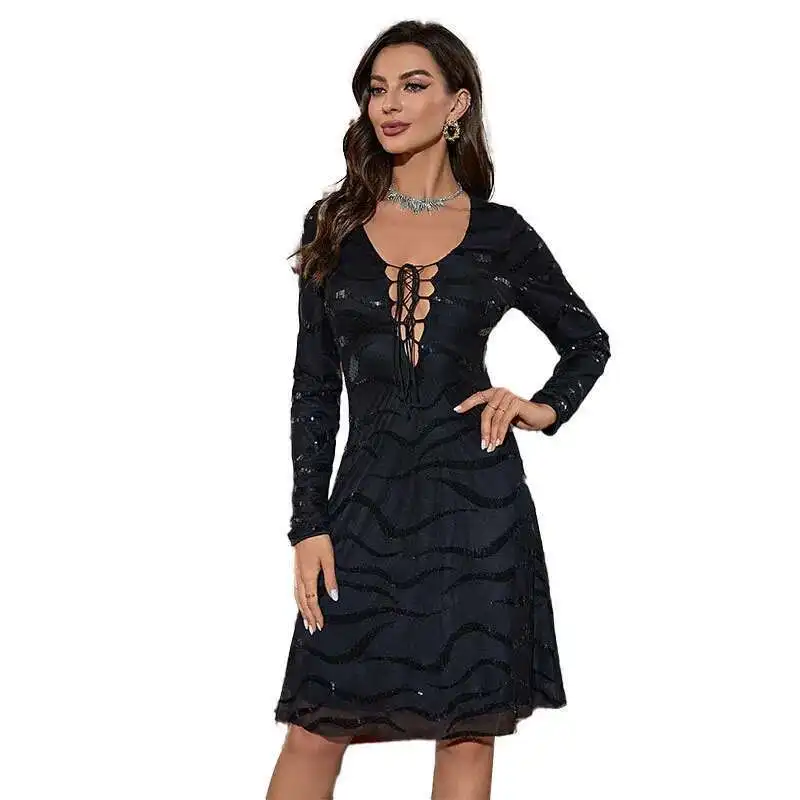 

Fashionable Ky102 and Sexy Spicy Girl Deep V-neck Dress Elegant and Slim Fit Sparkling Short Skirt Robe Vestido Women Elegant