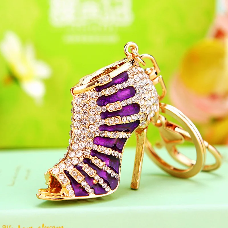 Creative Rhinestones Inlaid Goddess Fish Mouth High Heel Enamel Keychain Women Jewelry Bag Key Keyring