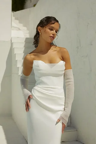 Customized Sexy V-neck Pleat Soft Satin Sheat/Mermaid Wedding Dresses Bridal Grown Detachable Long Sleeves Vestido De Noival