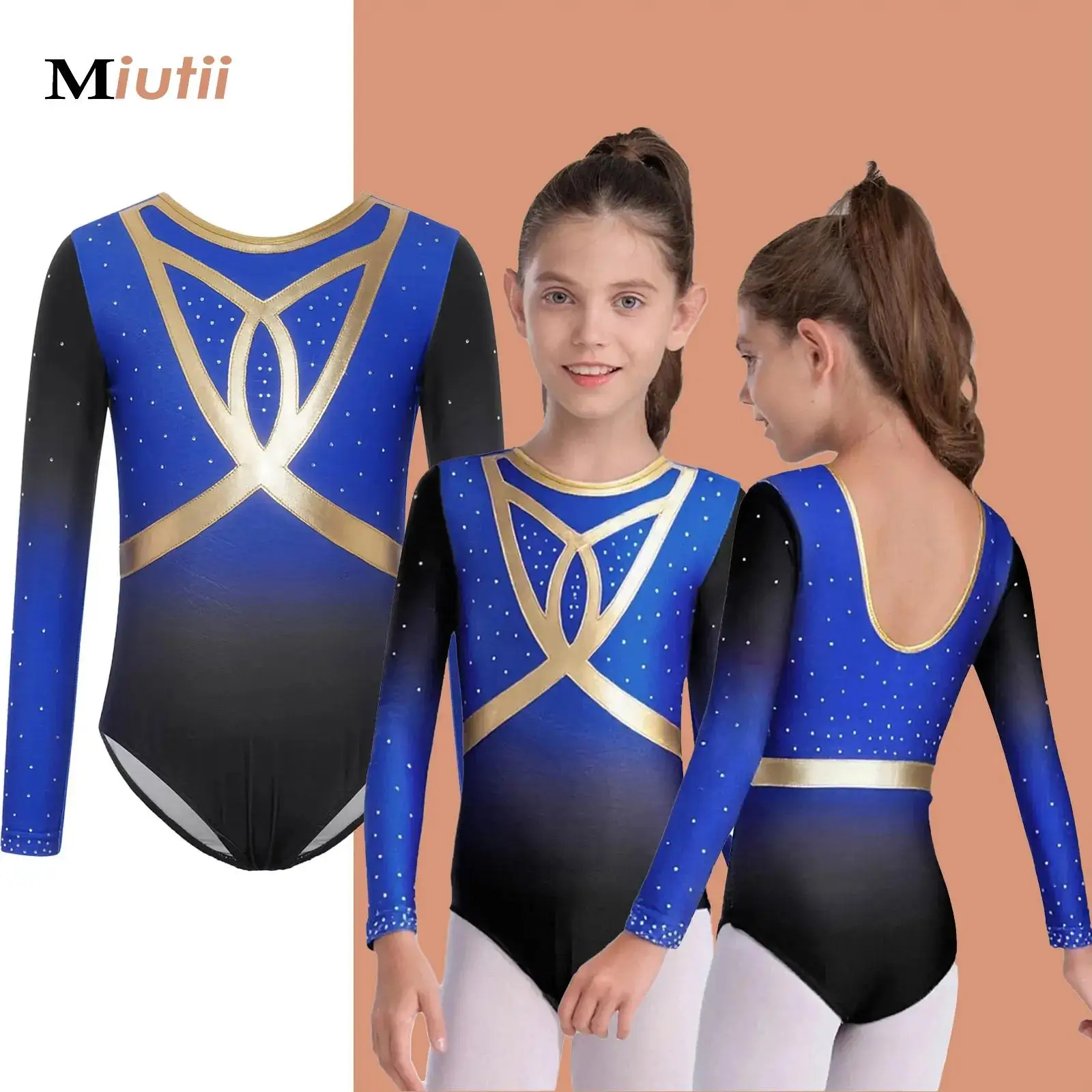 Kids Girl Rhythmic Gymnastics Figure Skating Ballet Jersey Leotard Rhinestones Gradient Bodysuit Competition Performance Costume