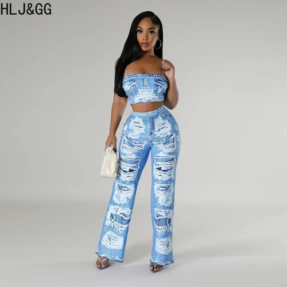 HLJ&GG Fashion Print Straight Pants Two Piece Sets Women Thin Strap Sleeveless Crop Vest+Pants Outfits Sexy Female 2pcs Clothing