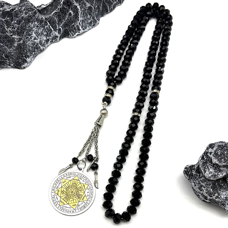 Christian Seven Archangels Angel Pendant Necklace for Women Men Stainless Steel Seal of Solomon Glass Prayer Beads Chain Jewelry