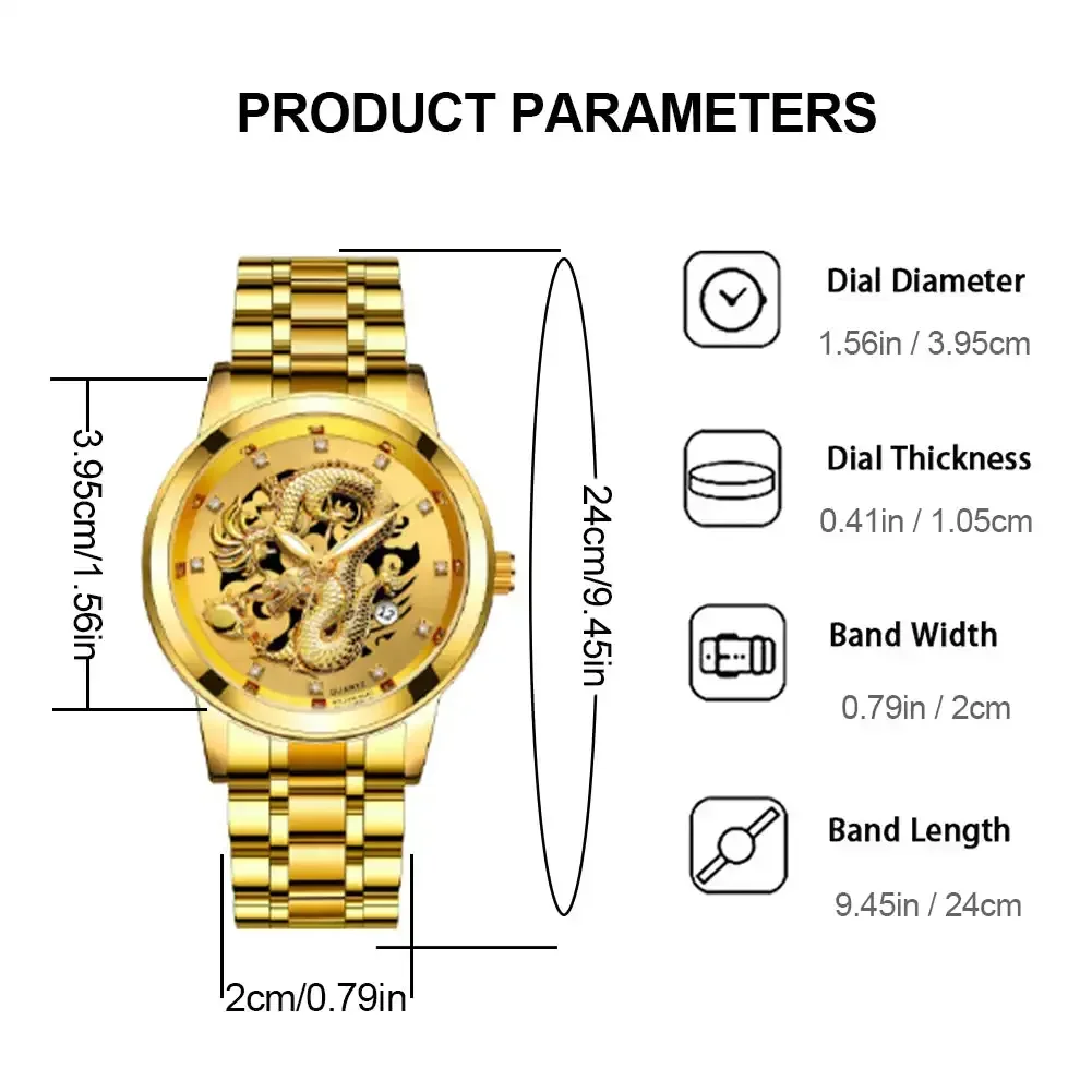 2024 Luxury Delicate Trendy Men Fashion 3D Gold Dragon Calendar Watch for Men Quartz Stainless Steel Men Watches