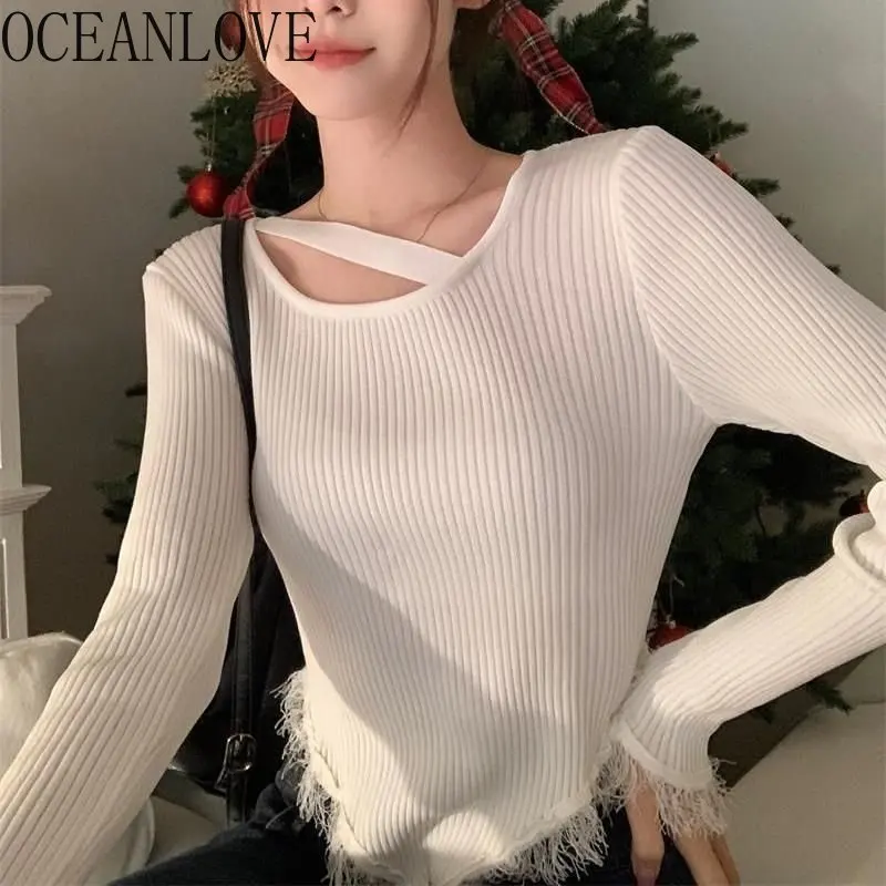 OCEANLOVE Irregular Solid Women Sweaters Tassels Korean Fashion Autumn Winter Short Knitwears Vintage Basics Pullovers Tops