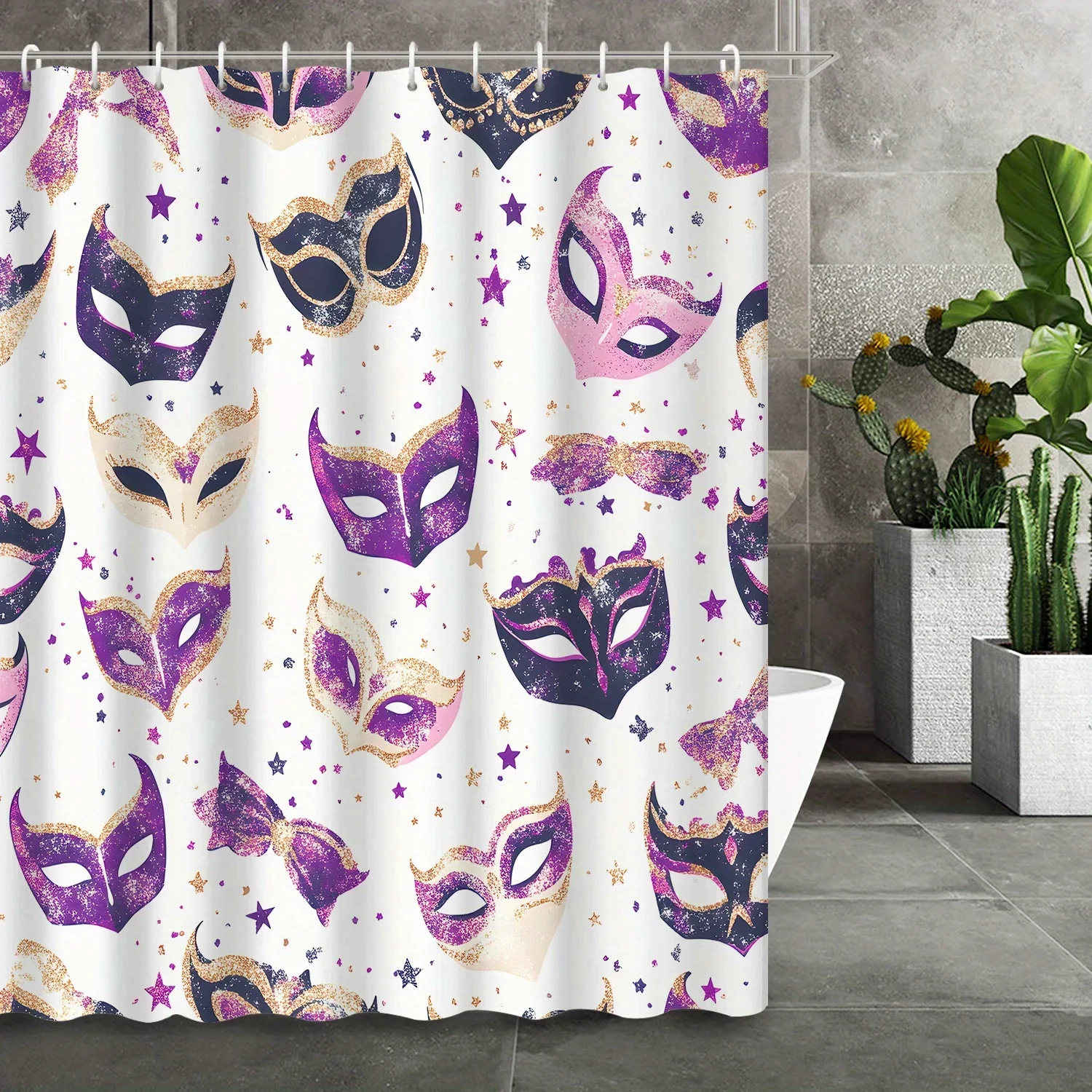 Carnival Purple Stage Mask & Star Shower Curtain - Decorative Print with 12 Hooks for Bathroom Accessories