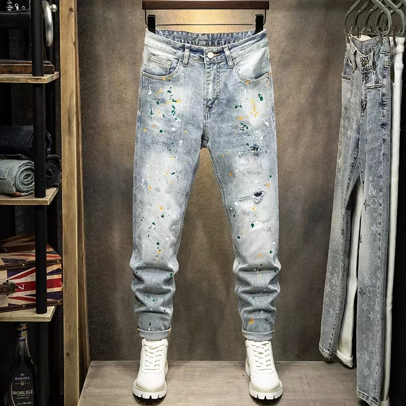 

Street Fashion Men Jeans Retro Light Gray Blue Elastic Slim Fit Ripped Jeans Men Painted Designer Hip Hop Vintage Pants Hombre