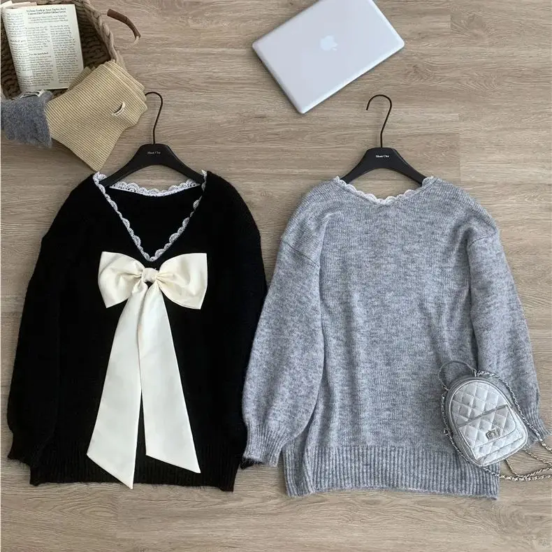 Bow sweater 2024 autumn and winter new style loose and lazy atmosphere backless soft waxy pullover top