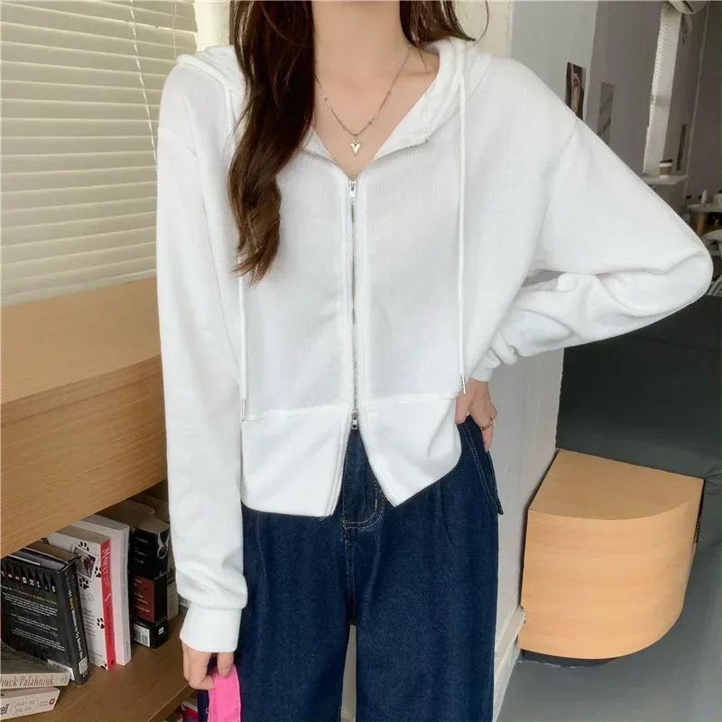 Neue Herbst Winter Zipper Mit Kapuze Strickjacke Jacke Frauen Koreanische Lose Mantel Lässig Weiblichen Kurzen Tops Einfarbig Preppy Straße Tragen