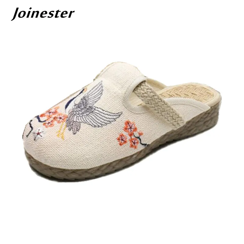 Ethnic Wide Toe Linen Slippers for Women Embroidered Vintage Casual Mules Ladies Trend Summer Slides Female Backless Sandals