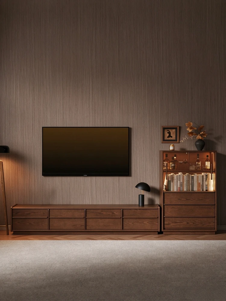 Living Room Furniture Solid Wood Skeleton Cable TV Cabinet Living Room Walnut Color Floor-to-ceiling Small Apartment TV Cabinet