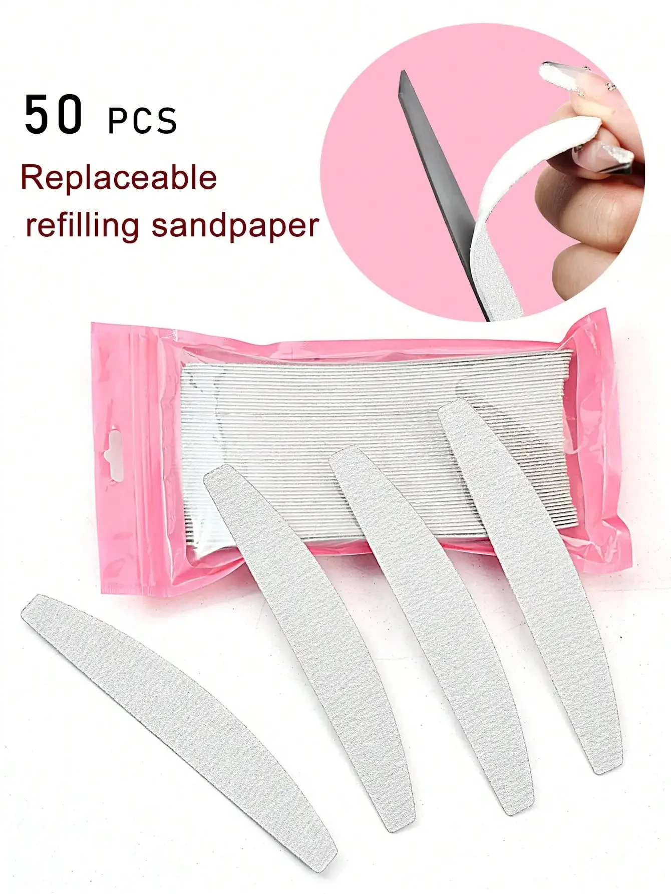 NailShine 50pcs Replaceable Gray Zebra Stripe Sandpaper Nail Files, Crescent-Shape, Reusable And Washable, 100/180 Grit (Stainless Steel Plate Sold Separately)
