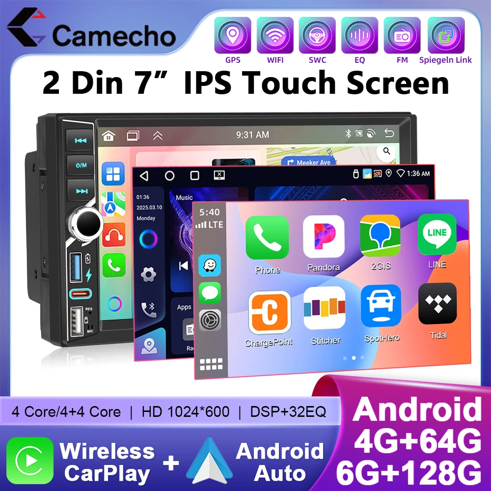 Camecho 2 Din Radio Samochodowe 6+128G Ekran 7'' Bezprzewodowy Carplay Android Auto GPS Stereo Bluetooth Wifi Uniwersalny Odtwarzacz Multimedialny