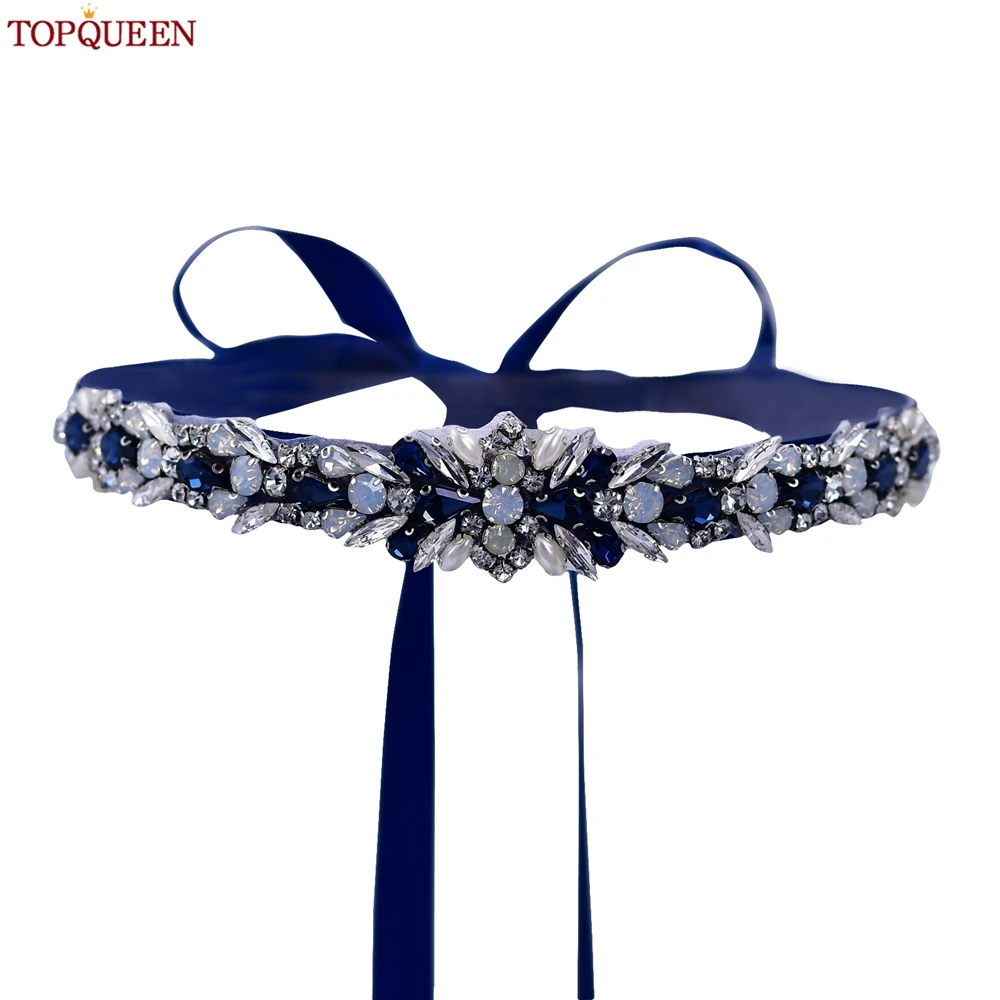 

TOPQUEEN New Design Wedding Dress Sash Blue Rhinestone Jewelry Applique Bridal Ribbon Belt Evening Dress Accessories S57-ML