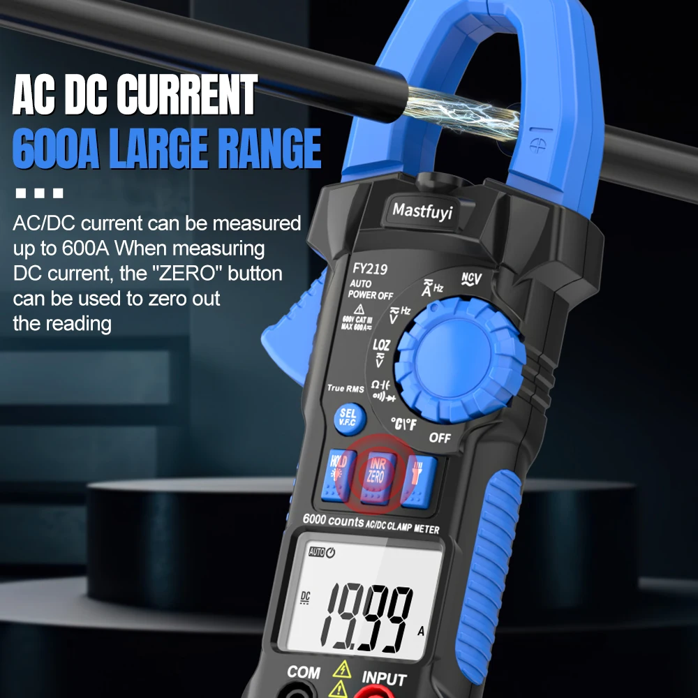 MASTFUYI 600A Auto Ranging True RMS Digital Clamp Ammeter Multimeter AC/DC Current Voltage Resistance Test with Backlight LCD