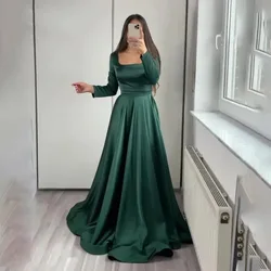 FDHAOLU Dark Green Satin Evening Dress for Wedding Party Long Sleeve Square Neck Prom Party Gown vestidos de noche