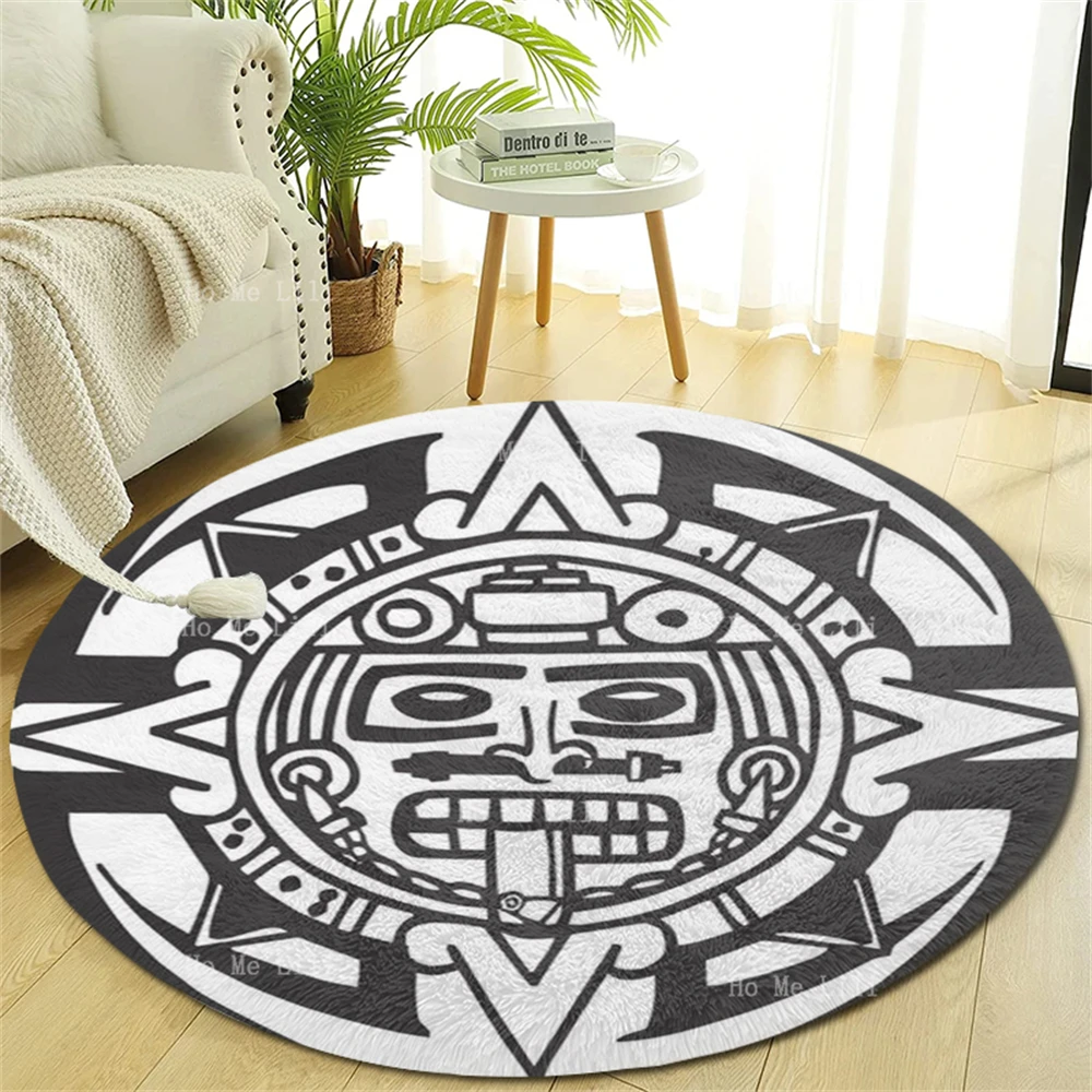 Tribal Aztec Calendar Sun Art Mayan Culture Ethnicity Face Carving Ornament Primitive Round Carpet