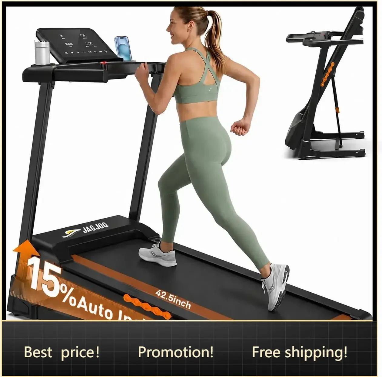 Foldable Treadmill with 15% Auto Incline, 8.8 MPH, 300 lb Capacity | Shock Absorption, LED Display, App Connectivity, 12
