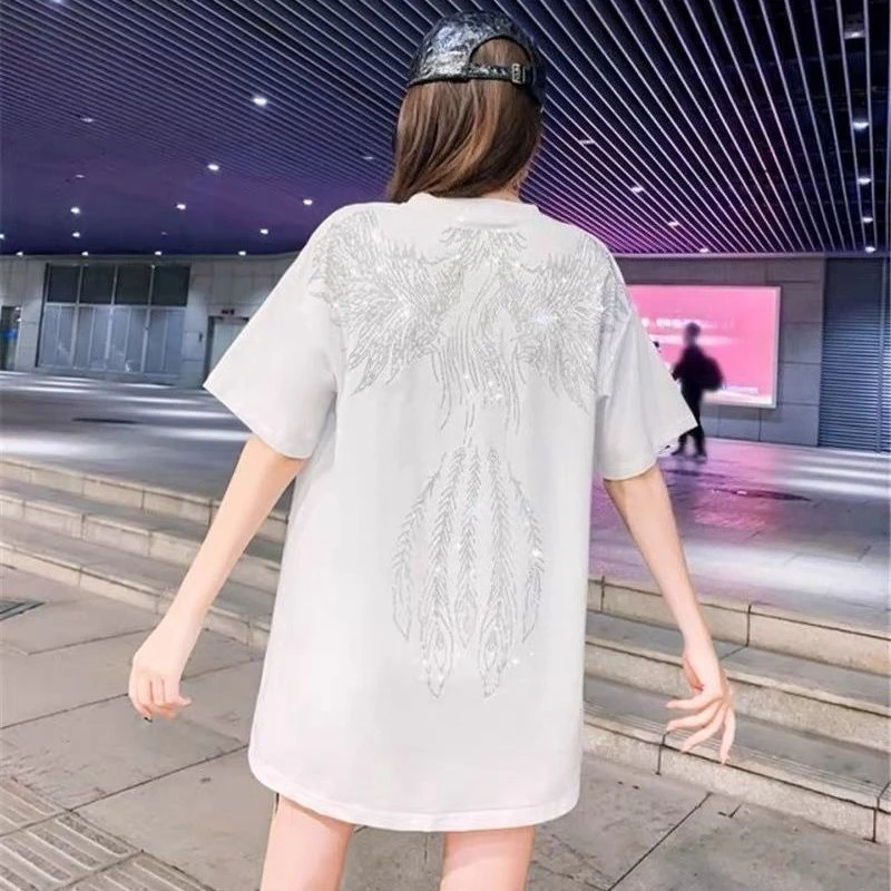 2026 Summer Women Versatile Mid Length Top Short Sleeve T Shirt Heavy Rhinestone Embellishment Ins Trendy Fashion Design