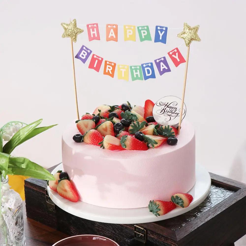 كعكة سحب زهرة ملونة كعكة توبر لطيف ورقة كعكة راية DIY بها بنفسك اليدوية كعكة عيد ميلاد سعيد ديكور حفلة عيد ميلاد لوازم