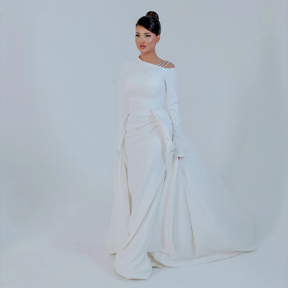 

Elegant Wedding Dresses Long Sleeve Detachable Train Brides Dress with Beading White Satin Bridal Gown Customized robe de mariée