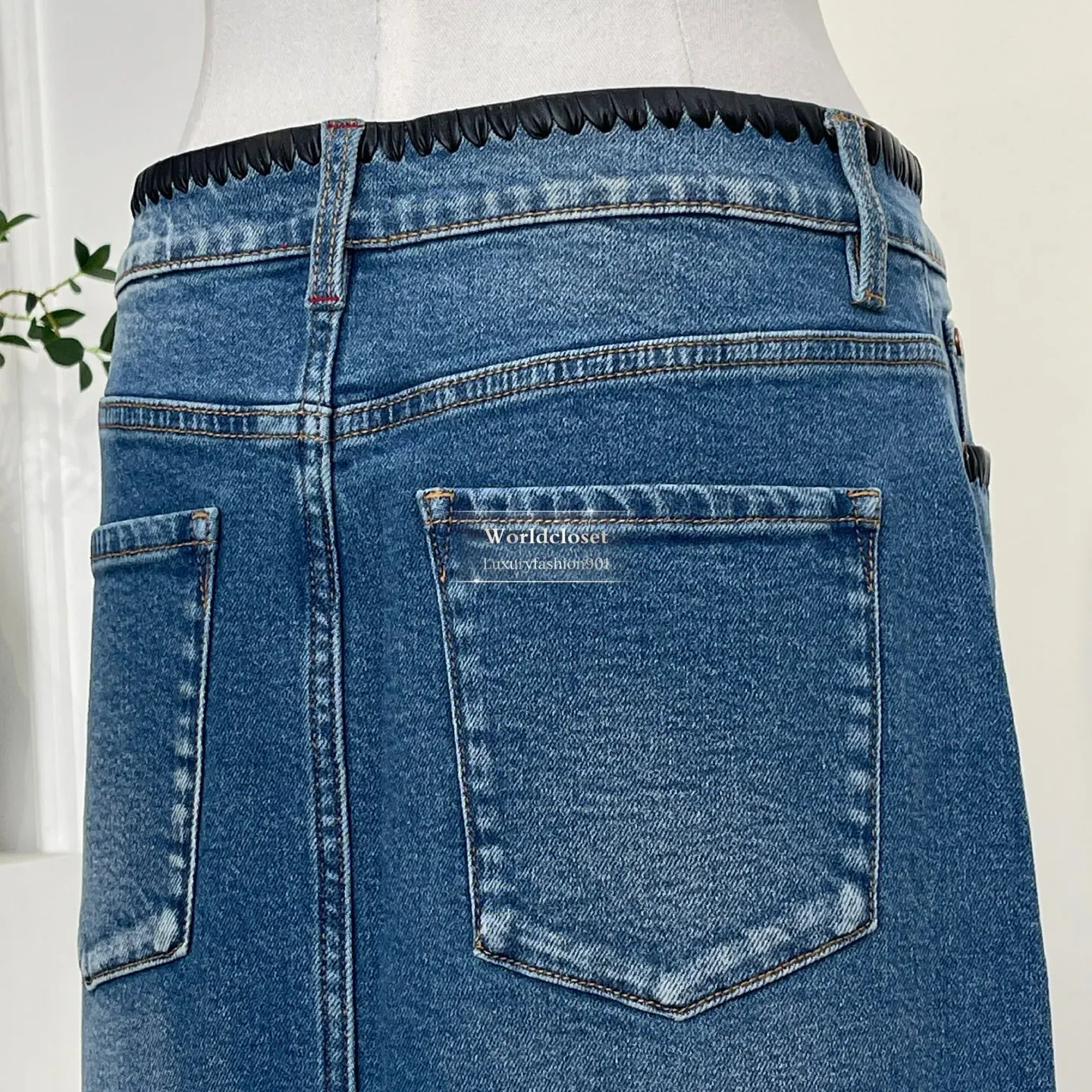 

Women's Vintage Blue Denim Black Leather Scallop Trim Front Split Midi Skirt 2026 High Quality