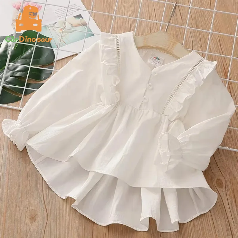 2025 Lente Herfst Mode 2 3 4 5 6 8 10 Jaar Kinderen Leuke Lange Trompet Mouw V-hals Katoen witte Blouse Shirt Voor Baby Meisjes