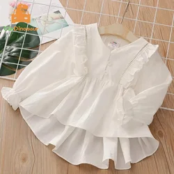 2025 Spring Autumn Fashion 2 3 4 5 6 8 10 Years Kids Cute Long Trumpet Sleeve V-Neck Cotton White Blouse Shirt For Baby Girls