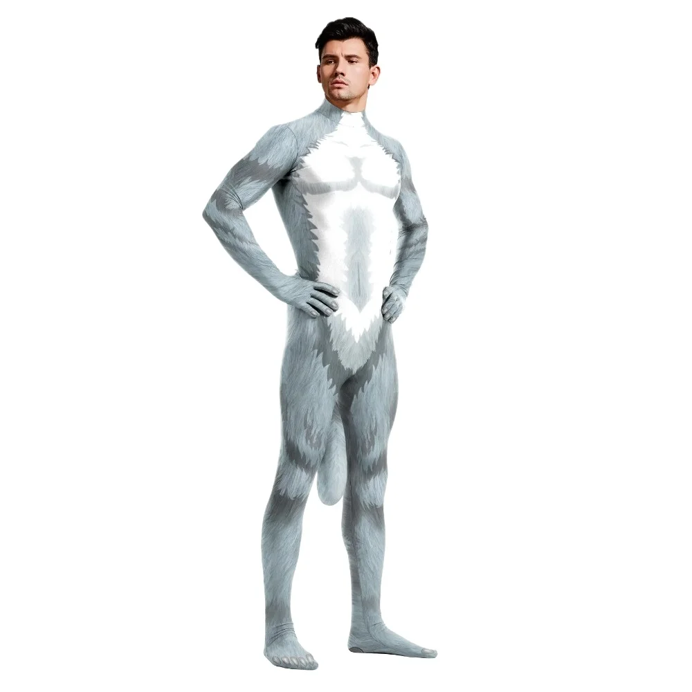 Teanoon dorosłe pełne body kreatywny wilk nadruk zwierzęcy kostiumy Cosplay Zentai garnitury z dużym ogonem i zamkiem błyskawicznym w kroku