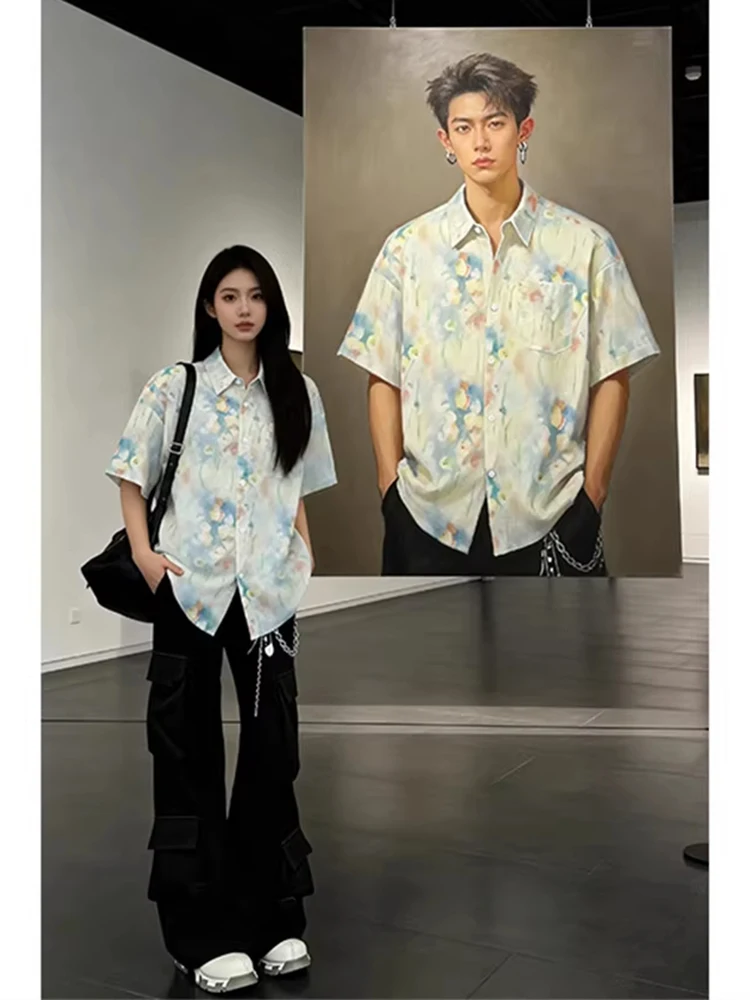  Tassel Ice Silk Short Sleeve Men's Shirt Summer Hawaiian Vacation Style Lightweight Breathable Beach Couple Shirt