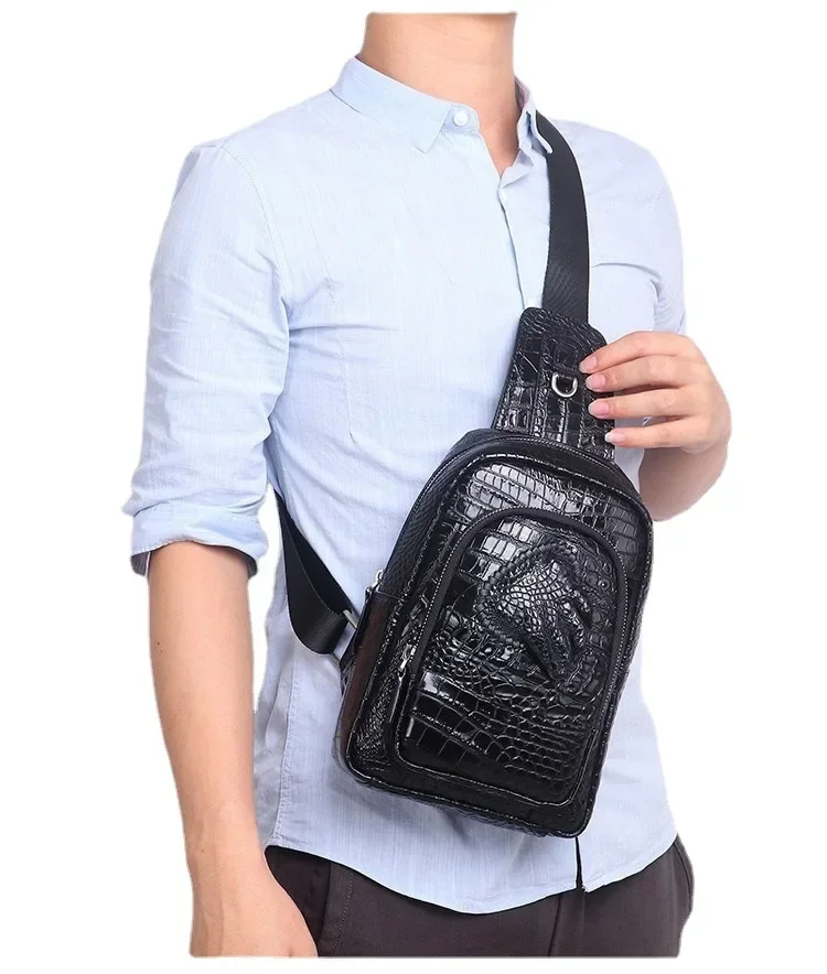 New Fashion Cow Genuine Leather Men Waist Packs Male Alligator Casual Chest Pack Quality Boy Brand Design Chest Shoulder Package