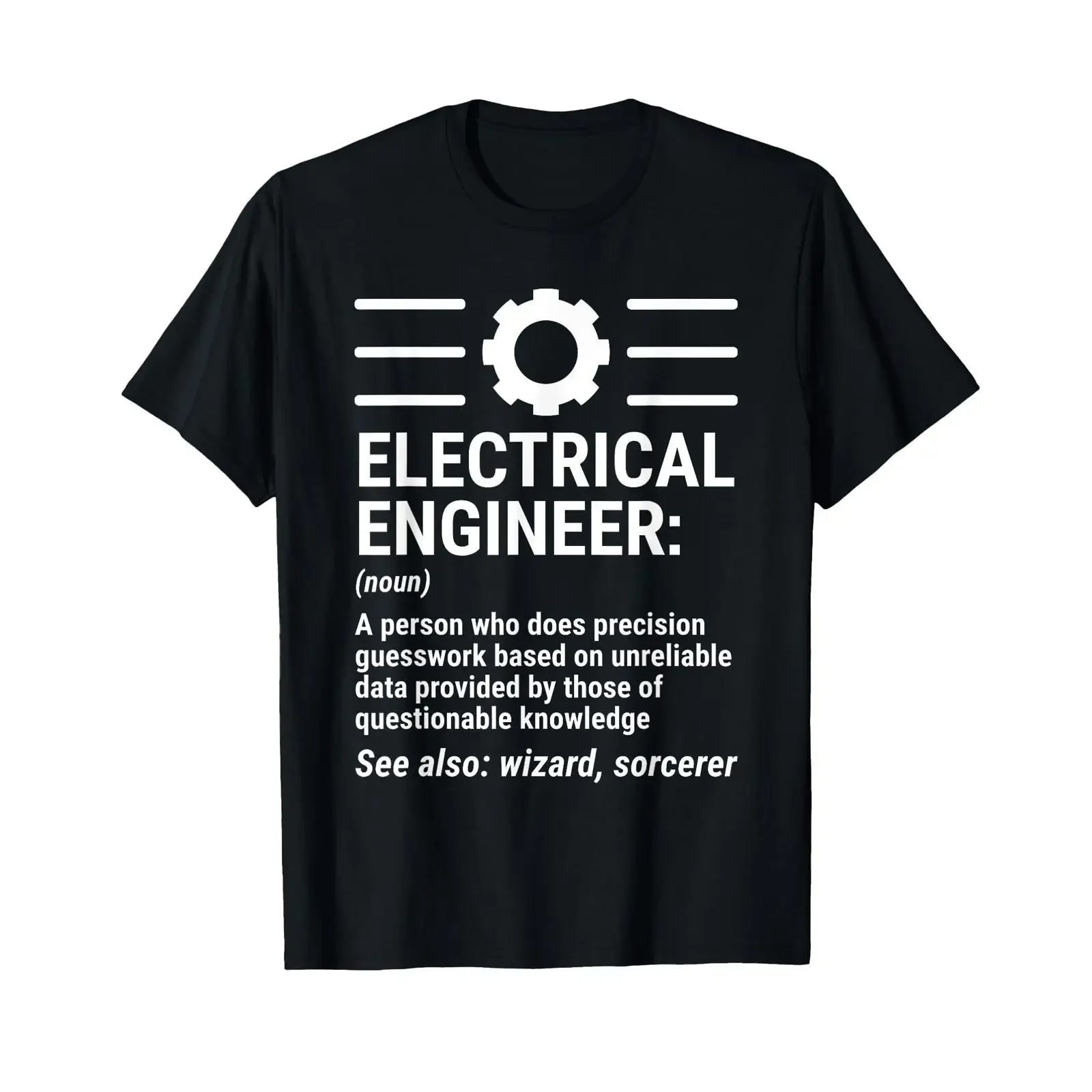 T-shirt drôle avec la définition d'ingénieur électricien, noir, vintage, délavé, légèrement polyvalent, respirant, tendance et élégant.