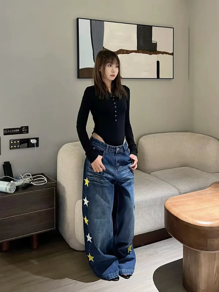 Women's Single Row Star Embroidered Blue Jeans Y2k Personality Girl High Waisted Sweatpants Female Street Unisex Denim Trousers