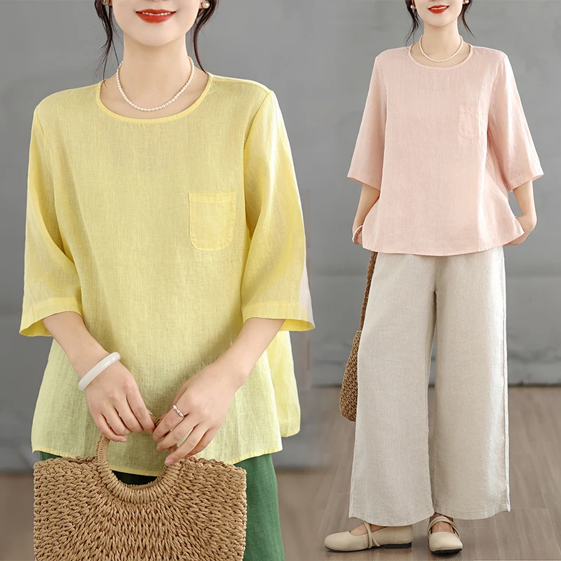 

Summer Casual Cotton Linen Women's Shirt Thin Pocket Design Leisure Artistic Temperament T-shirt Color Small Shirt