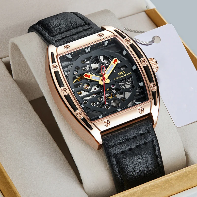KunHuang Original Skeleton Automatical Mechanical Watch for Men Waterproof Luminous Stainless Steel men's Wristwatch