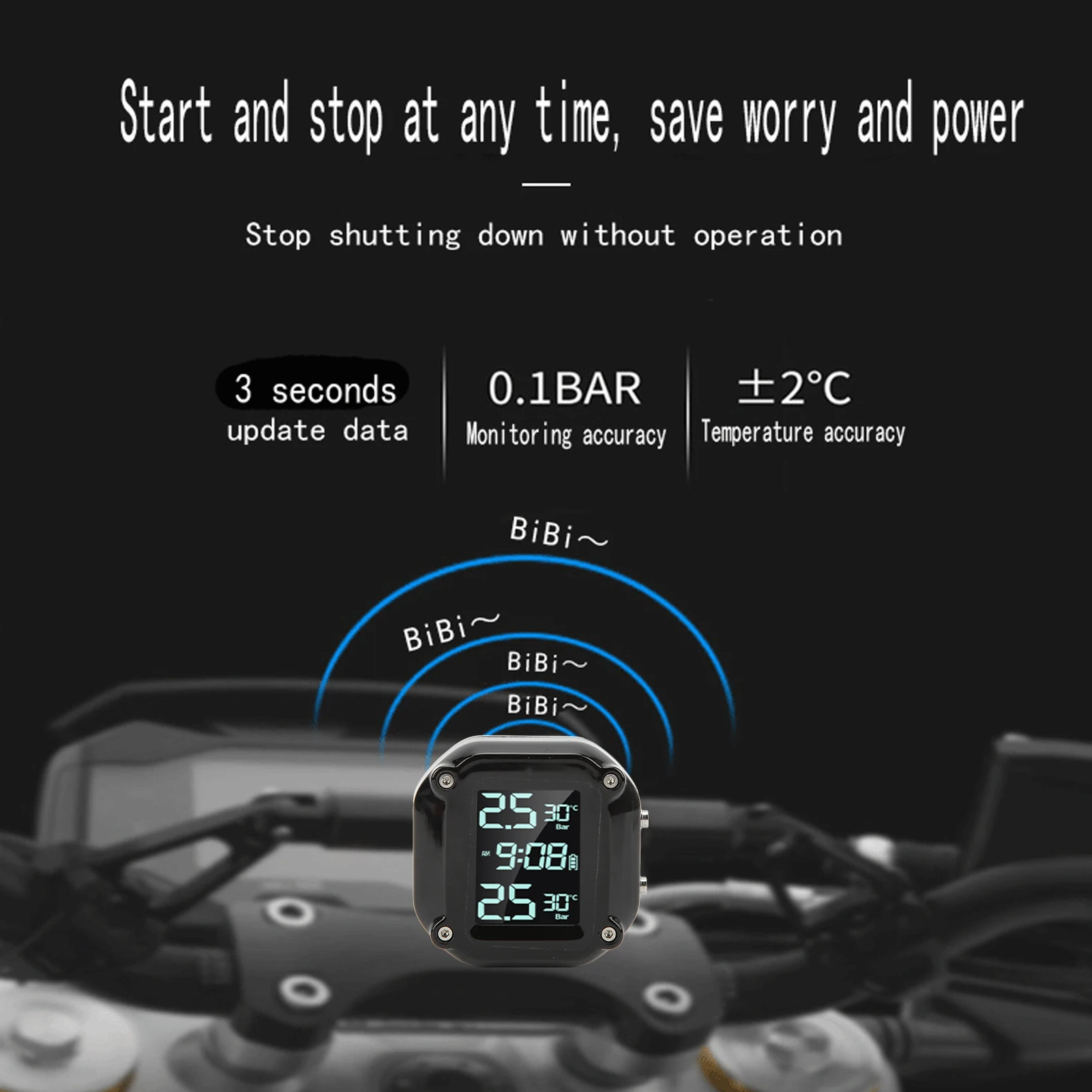 Motorbike TPMS IP67 Waterproof Motorcycle Tire Pressure Monitor System Dustproof USB Charging with 2 Sensors for Safety Driving