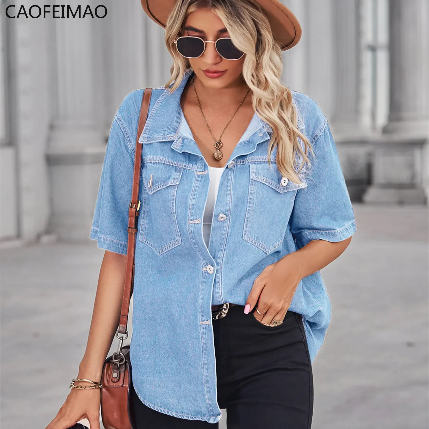 Women Vintage Denim Blouse Summer Short Sleeve Button Up Jean Shirts Ladies High Street Loose Tops Elegant Harajuku Chic Tunics