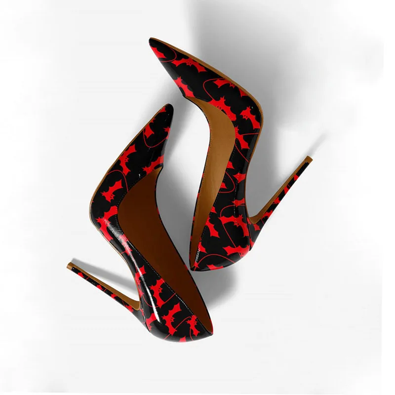 

Fashion Patent Leather Heels women thin heel pumps sexy pointed toe 12/10/8cm red bat printed party shoes