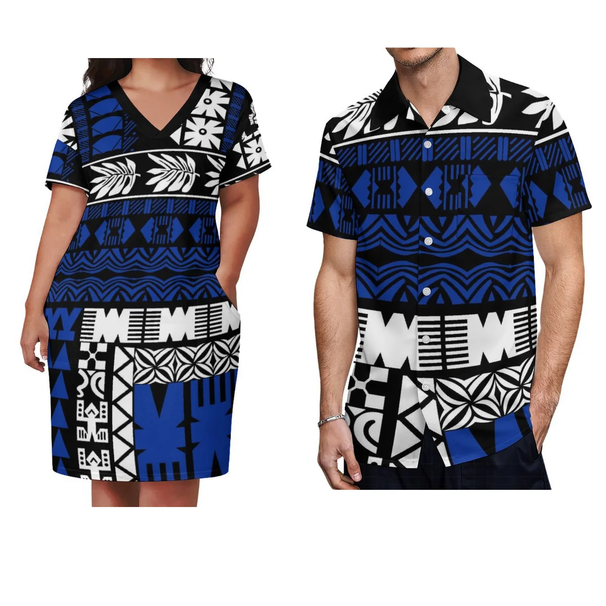 Pazifische Insel Kleidung benutzer definierte polynesische Paar Anzug Samoan Print Blumenmuster neue lässige V-Ausschnitt Kleid und lockeres Hemd