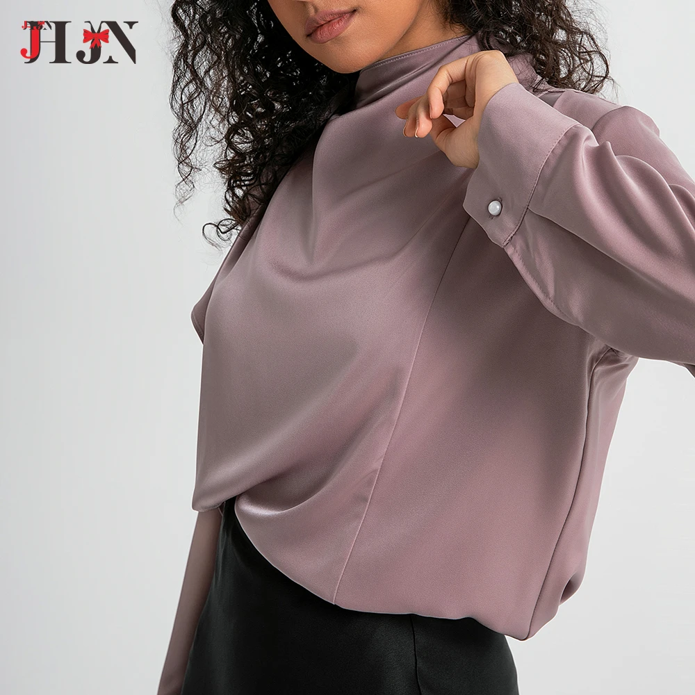 JHJN Office Lady Blouses Retro Elegant Shirt Lace-Up Casual All-Match Shirts Slim Fit Folds Tops Purple Tender Overshirt Smooth