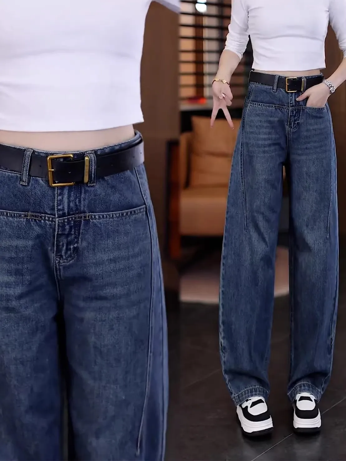 

Fashionable American Style Fleece Lined Slim Fit Warm Denim Jeans High Waist Straight Leg Wide Leg Pants for Women