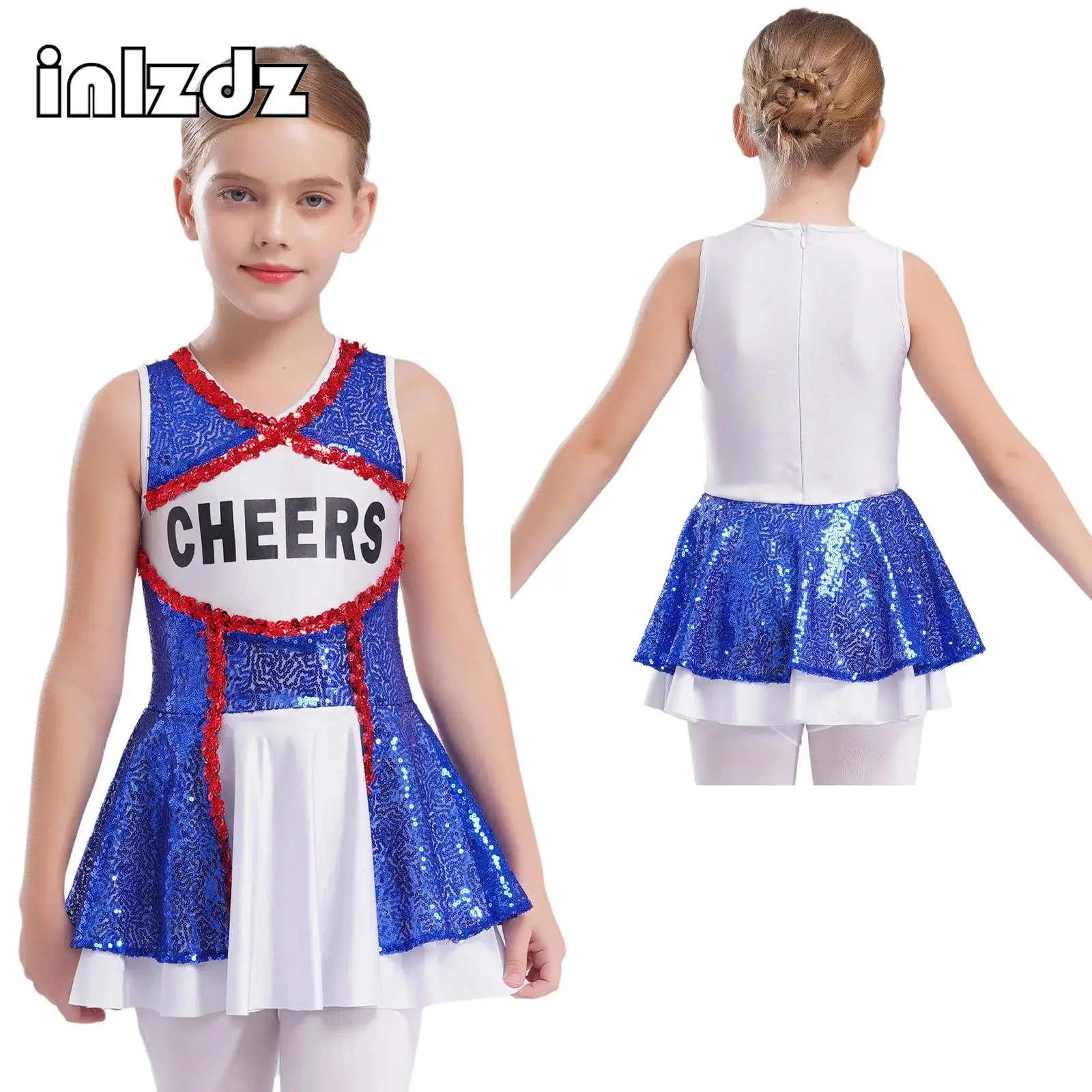 

Kids Girl Cheerleading Uniform Sleeveless Sparkly Sequins Dress Halloween High School Stage Performance Costume Modern Dancewear
