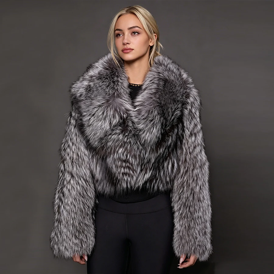 Chaqueta de Piel de Zorro Real con Cuello, Chaqueta Corta de Piel de Zorro Plateado Natural, Abrigo de Piel Corto para Mujer, Abrigo de Piel Genuina de Alta Calidad