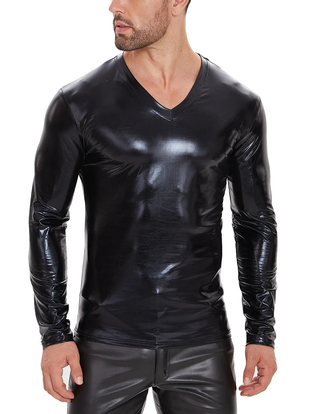 Fashion Sexy V-neck Long Sleeve Soft Shiny Patent Leather T-shirt Men's High Elastic Comfort Casual Versatile Short Top MUGY