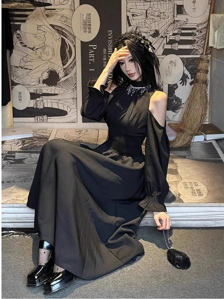 Retro Hepburn Sle Bla Dr Dames Herfst Winter Ele Long Sve High Ne Jurk oulder Bared voor loween