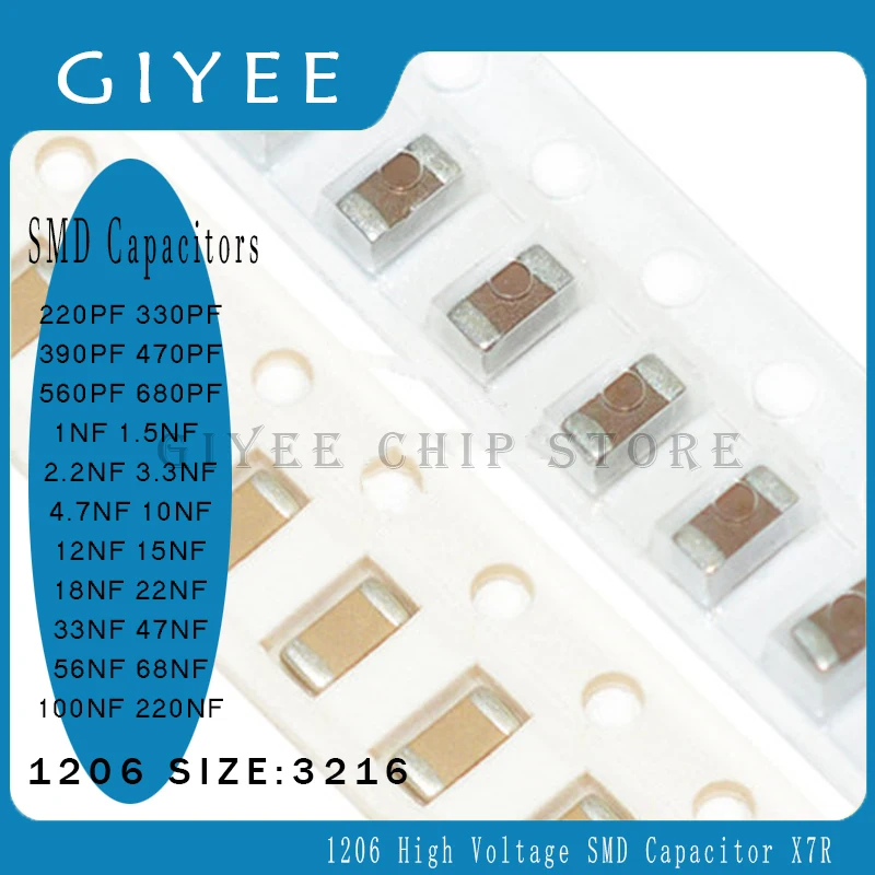 50pcs 1206  250V High Voltage SMD Chip Ceramic Capacitor 220PF-1NF 1.2NF-10NF 22NF-100NF 220NF X7R 250V